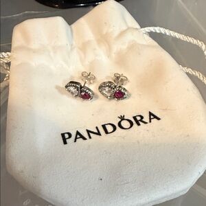 Pandora Silver Heart Stud Earrings with Pink Stones 925